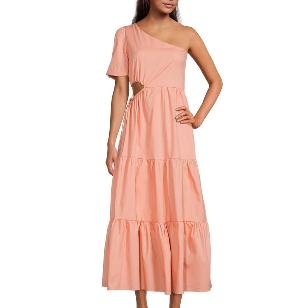 WAYF One Shoulder Short Puff Sleeve Cut Out Side Waist Tiered Mini Dress